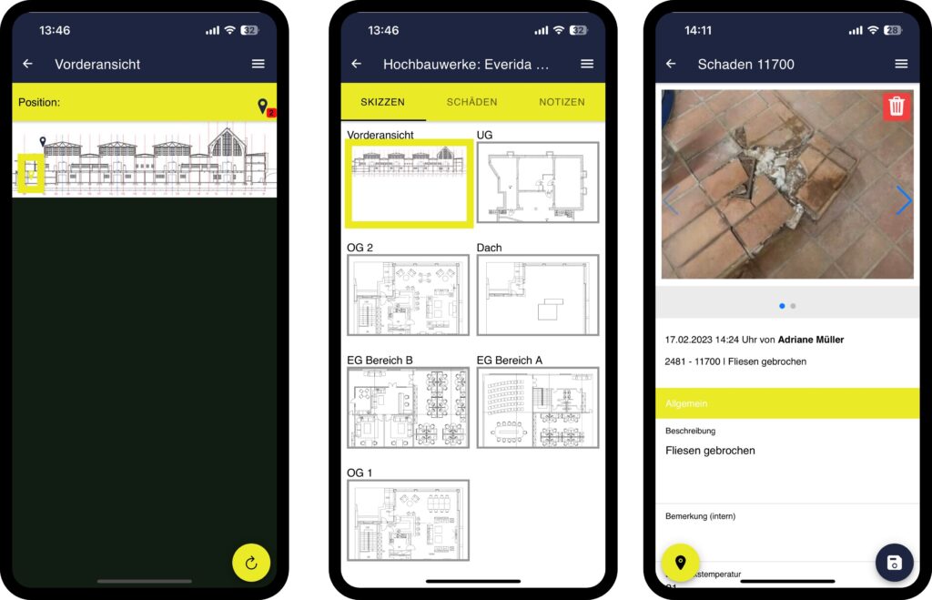 Drei Screenshots der m2ing App zur Erklärung wie man Schritt für Schritt einen vorhandenen Schaden öffnet und bearbeitet