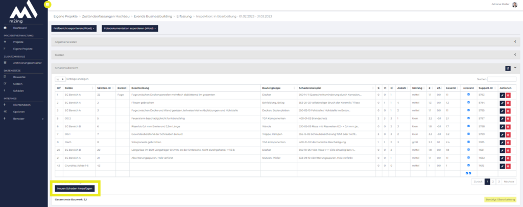 Screenshot aus dem Helpcenter von m2ing auf dem die Schadensübersicht gezeigt wird. 