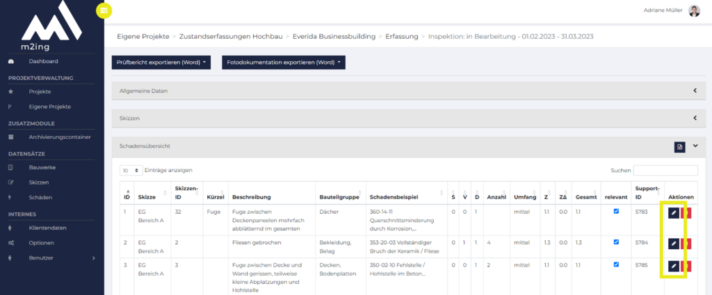 Screenshot aus dem Helpcenter von m2ing auf dem die Funktion: Nachträgliches verorten eines Schadens gezeigt wird.