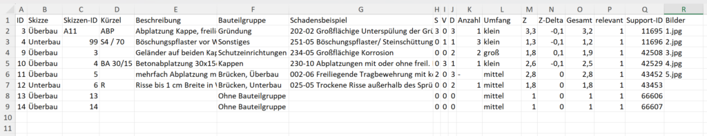 Screenshot Excel Schäden